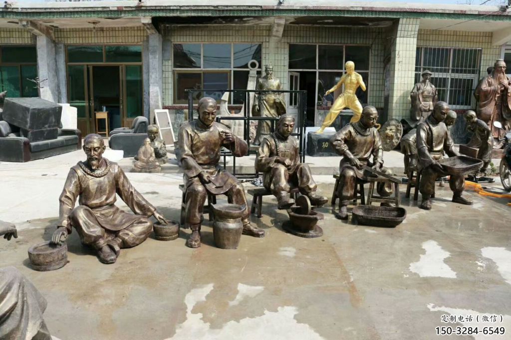 制藥雕塑廠家，仿銅民俗人物小品，古代制藥人物雕塑擺件