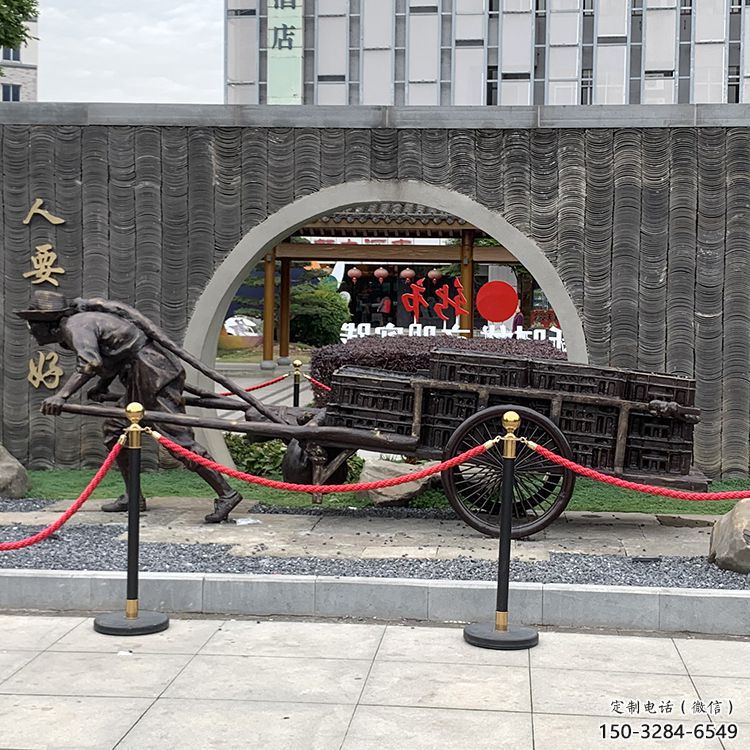 黃包車雕塑廠家，商業(yè)街人物小品，仿銅黃包車雕塑制作