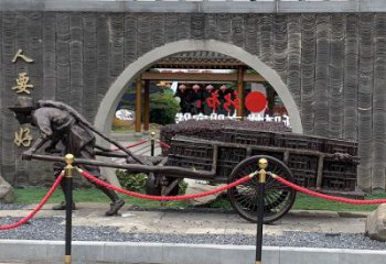 黃包車雕塑廠家，商業(yè)街人物小品，仿銅黃包車雕塑制作