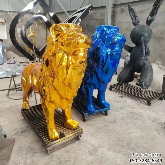 電鍍獅子雕塑精選，美陳雕塑，鍛造不銹鋼獅子雕塑通用