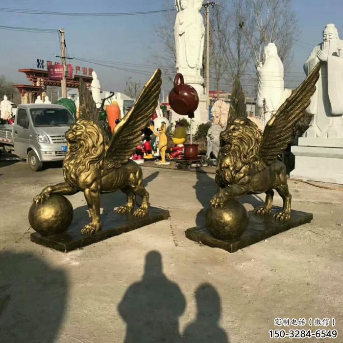 青銅獅子雕塑觀賞型，露天雕塑，戶外飛獅雕塑訂做