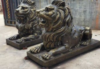 仿銅獅子雕塑，玻璃鋼仿銅趴獅雕塑廠家